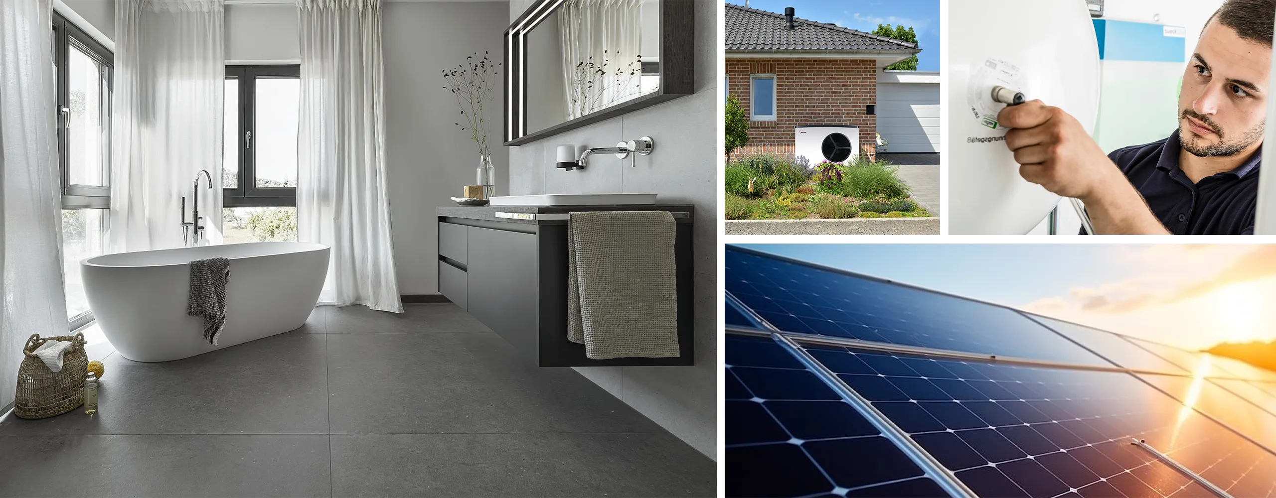 Kombination aus Bildern eines Bades, einer Solvis-Anlage, einem Handwerker und Solar-Panels vor einem Sonnenuntergang.